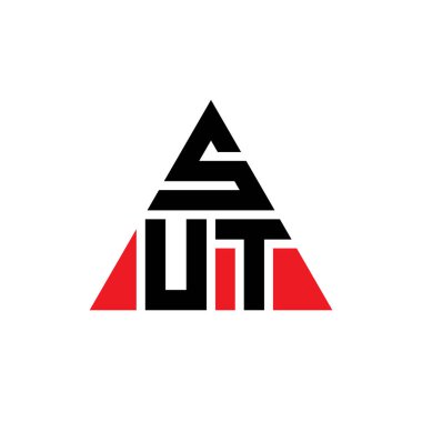 Üçgen şekilli SUT üçgen harf logosu tasarımı. SUT üçgen logo tasarımı monogram. Kırmızı renkli SUT üçgen vektör logo şablonu. SUT üçgen logosu Basit, Zarif ve Lüks Logo.