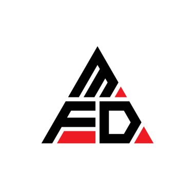 Üçgen şekilli MFD üçgen harf logosu tasarımı. MFD üçgen logo tasarımı monogramı. Kırmızı renkli MFD üçgen vektör logo şablonu. MFD üçgen logosu Basit, Zarif ve Lüks Logo.