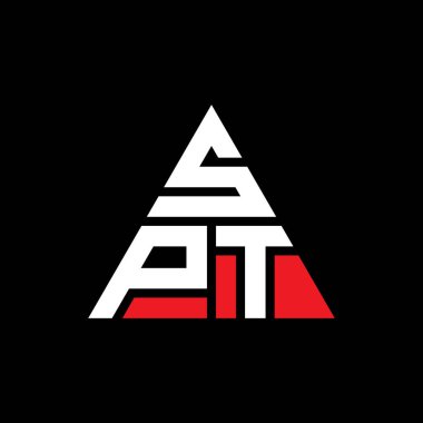 Üçgen şekilli SPT üçgen harf logosu tasarımı. SPT üçgen logo tasarımı monogramı. Kırmızı renkli SPT üçgen vektör logo şablonu. SPT üçgen logosu Basit, Zarif ve Lüks Logo.