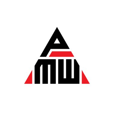 Üçgen şekilli PMW üçgen harf logosu tasarımı. PMW üçgen logo tasarımı monogramı. Kırmızı renkli PMW üçgen vektör şablonu. PMW üçgen logosu Basit, Zarif ve Lüks Logo.