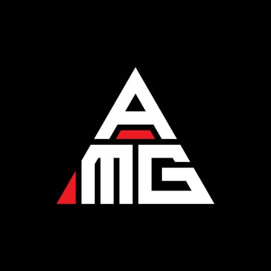 Üçgen şekilli AMG üçgen harf logosu tasarımı. AMG üçgen logo tasarımı monogramı. Kırmızı renkli AMG üçgen vektör şablonu. AMG üçgen logosu Basit, Zarif ve Lüks Logo.