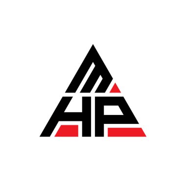 Üçgen şekilli MHP üçgen harf logosu tasarımı. MHP üçgen logo tasarımı monogramı. Kırmızı renkli MHP üçgen vektör logo şablonu. MHP üçgen logosu Basit, Zarif ve Lüks Logo.