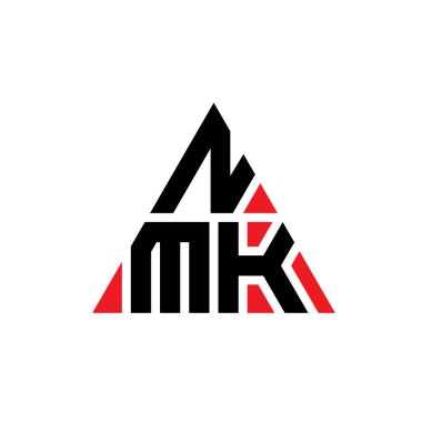 Üçgen şekilli NMK üçgen harf logosu tasarımı. NMK üçgen logo tasarımı monogramı. Kırmızı renkli NMK üçgen vektör şablonu. NMK üçgen logosu Basit, Zarif ve Lüks Logo.