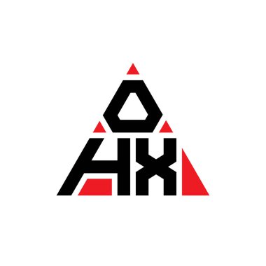 Üçgen şekilli OHX üçgen harf logosu tasarımı. OHX üçgen logo tasarımı monogramı. Kırmızı renkli OHX üçgen vektör logo şablonu. OHX üçgen logosu Basit, Zarif ve Lüks Logo.