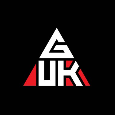 Üçgen şekilli GUK üçgen harf logosu tasarımı. GUK üçgen logo tasarımı monogramı. Kırmızı renkli GUK üçgen vektör logo şablonu. GUK üçgen logosu Basit, Zarif ve Lüks Logo.