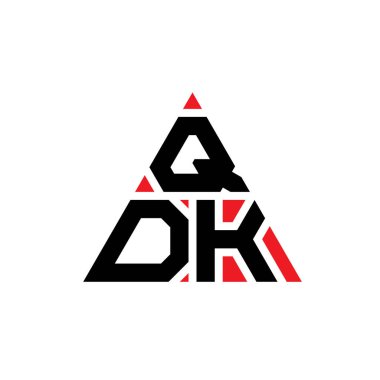 Üçgen şekilli QDK üçgen harf logosu tasarımı. QDK üçgen logo tasarımı monogramı. Kırmızı renkli QDK üçgen vektör şablonu. QDK üçgen logosu Basit, Zarif ve Lüks Logo.