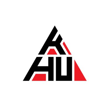 Üçgen şekilli KHU üçgen harf logosu tasarımı. KHU üçgen logo tasarımı monogramı. Kırmızı renkli KHU üçgen vektör şablonu. KHU üçgen logosu Basit, Zarif ve Lüks Logo.
