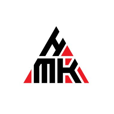 Üçgen şekilli HMK üçgen harf logosu tasarımı. HMK üçgen logo tasarımı monogramı. Kırmızı renkli HMK üçgen vektör şablonu. HMK üçgen logosu Basit, Zarif ve Lüks Logo.