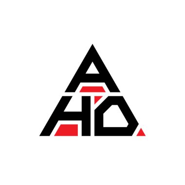 Üçgen şekilli AHO üçgen harf logosu tasarımı. AHO üçgen logo tasarımı monogramı. Kırmızı renkli AHO üçgen vektör şablonu. AHO üçgen logosu Basit, Zarif ve Lüks Logo.