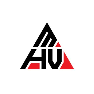 Üçgen şekilli MHV üçgen harf logosu tasarımı. MHV üçgen logo tasarımı monogramı. Kırmızı renkli MHV üçgen vektör logo şablonu. MHV üçgen logosu Basit, Zarif ve Lüks Logo.
