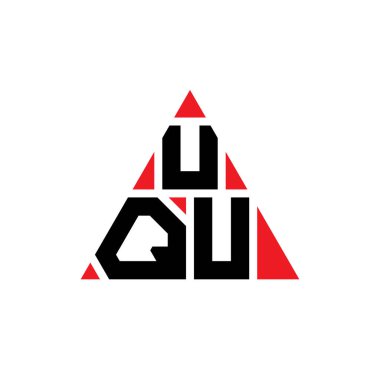 Üçgen şekilli UQU üçgen harf logosu tasarımı. UQU üçgen logo tasarımı monogramı. Kırmızı renkli UQU üçgen vektör şablonu. UQU üçgen logosu Basit, Zarif ve Lüks Logo.