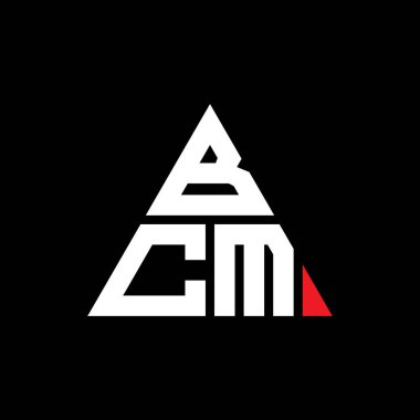 Üçgen şekilli BCM üçgen harf logosu tasarımı. BCM üçgen logo tasarımı monogramı. Kırmızı renkli BCM üçgen vektör şablonu. BCM üçgen logosu Basit, Zarif ve Lüks Logo.