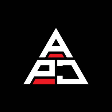 Üçgen şekilli APJ üçgen harf logosu tasarımı. APJ üçgen logo tasarımı monogramı. Kırmızı renkli APJ üçgen vektör logo şablonu. APJ üçgen logosu Basit, Zarif ve Lüks Logo.