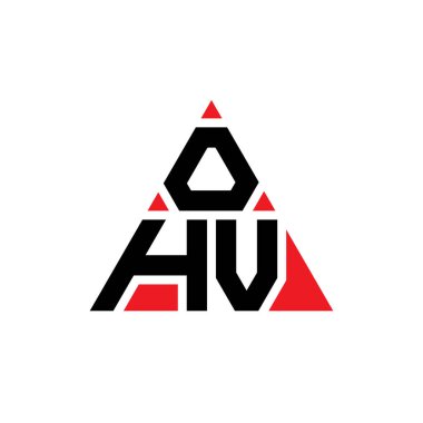 Üçgen şekilli OHV üçgen harf logosu tasarımı. OHV üçgen logo tasarımı monogramı. Kırmızı renkli OHV üçgen vektör logo şablonu. OHV üçgen logosu Basit, Zarif ve Lüks Logo.