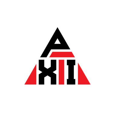 Üçgen şekilli PXI üçgen harf logosu tasarımı. PXI üçgen logo tasarımı monogramı. Kırmızı renkli PXI üçgen vektör logo şablonu. PXI üçgen logosu Basit, Zarif ve Lüks Logo.
