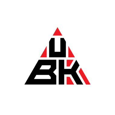 Üçgen şekilli UBK üçgen harf logosu tasarımı. UBK üçgen logo tasarımı monogramı. Kırmızı renkli UBK üçgen vektör şablonu. UBK üçgen logosu Basit, Zarif ve Lüks Logo.