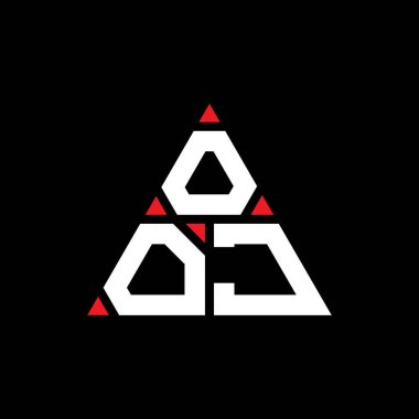 Üçgen şekilli OJ üçgen harf logosu tasarımı. OJ üçgen logo tasarımı monogramı. OOJ üçgen logo şablonu kırmızı renkte. OOJ üçgen logosu Basit, Zarif ve Lüks Logo.