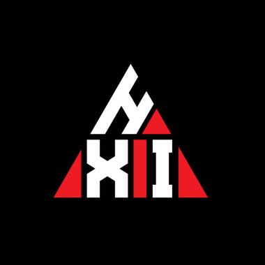 Üçgen şekilli HXI üçgen harf logosu tasarımı. HXI üçgen logo tasarımı monogramı. Kırmızı renkli HXI üçgen vektör logo şablonu. HXI üçgen logosu Basit, Zarif ve Lüks Logo.