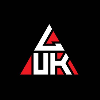 Üçgen şekilli LUK üçgen harf logosu tasarımı. LUK üçgen logo tasarımı monogramı. Kırmızı renkli LUK üçgen vektör logosu şablonu. LUK üçgen logosu Basit, Zarif ve Lüks Logo.