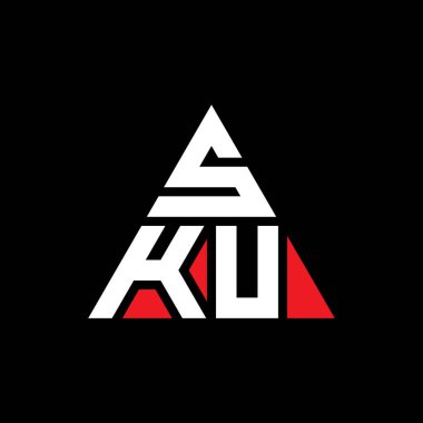 Üçgen şekilli SKU üçgen harf logosu tasarımı. SKU üçgen logo tasarımı monogramı. Kırmızı renkli SKU üçgen vektör şablonu. SKU üçgen logosu Basit, Zarif ve Lüks Logo.