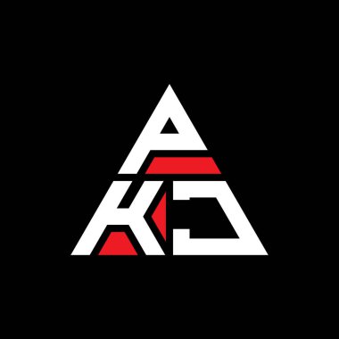 Üçgen şekilli PKJ üçgen harf logosu tasarımı. PKJ üçgen logo tasarımı monogramı. Kırmızı renkli PKJ üçgen vektör şablonu. PKJ üçgen logosu Basit, Zarif ve Lüks Logo.