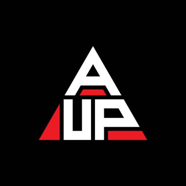 Üçgen şekilli AUP üçgen harf logosu tasarımı. AUP üçgen logo tasarımı monogramı. Kırmızı renkli AUP üçgen vektör logo şablonu. AUP üçgen logosu Basit, Zarif ve Lüks Logo.