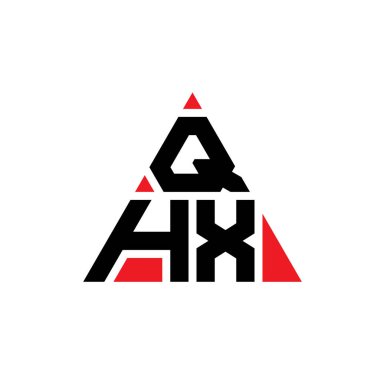 Üçgen şekilli QHX üçgen harf logosu tasarımı. QHX üçgen logo tasarımı monogramı. Kırmızı renkli QHX üçgen vektör şablonu. QHX üçgen logosu Basit, Zarif ve Lüks Logo.