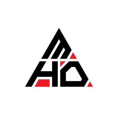 Üçgen şekilli MHO üçgen harf logosu tasarımı. MHO üçgen logo tasarımı monogramı. Kırmızı renkli MHO üçgen vektör şablonu. MHO üçgen logosu Basit, Zarif ve Lüks Logo.