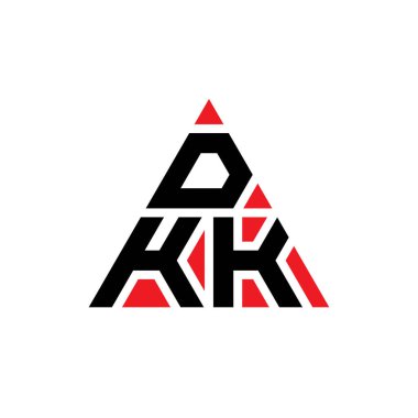 Üçgen şekilli DKK üçgen harf logosu tasarımı. DKK üçgen logo tasarımı monogramı. Kırmızı renkli DKK üçgen vektör logo şablonu. DKK üçgen logosu Basit, Zarif ve Lüks Logo.