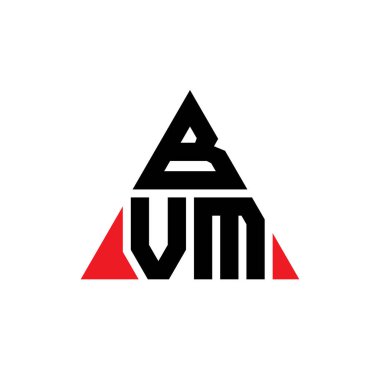 Üçgen şekilli BVM üçgen harf logosu tasarımı. BVM üçgen logo tasarımı monogramı. Kırmızı renkli BVM üçgen vektör şablonu. BVM üçgen logosu Basit, Zarif ve Lüks Logo.