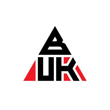 Üçgen şekilli BÜK üçgen harf logosu tasarımı. BUK üçgen logo tasarımı monogramı. Kırmızı renkli BÜK üçgen vektör logo şablonu. BUK üçgen logosu Basit, Zarif ve Lüks Logo.