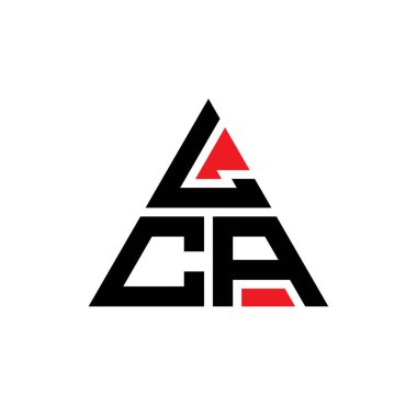 Üçgen şekilli LCA üçgen harf logosu tasarımı. LCA üçgen logo tasarımı monogramı. Kırmızı renkli LCA üçgen vektör logo şablonu. LCA üçgen logosu Basit, Zarif ve Lüks Logo.