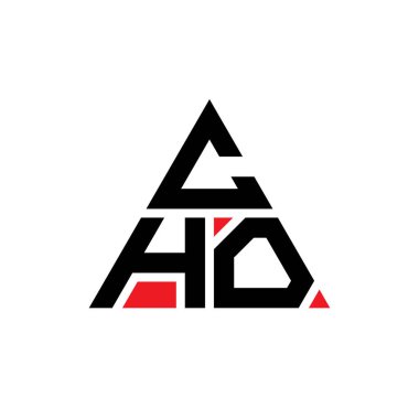 Üçgen şekilli CHO üçgen harf logosu tasarımı. CHO üçgen logo tasarımı monogram. Kırmızı renkli CHO üçgen vektör logo şablonu. CHO üçgen logosu Basit, Zarif ve Lüks Logo.