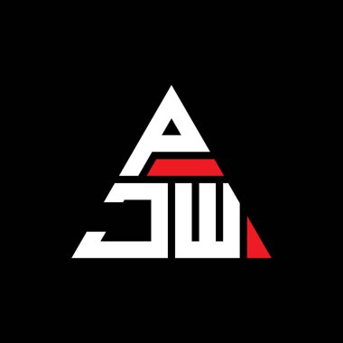 Üçgen şekilli PJW üçgen harf logosu tasarımı. PJW üçgen logo tasarımı monogramı. Kırmızı renkli PJW üçgen vektör şablonu. PJW üçgen logosu Basit, Zarif ve Lüks Logo.
