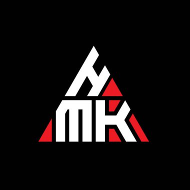 Üçgen şekilli HMK üçgen harf logosu tasarımı. HMK üçgen logo tasarımı monogramı. Kırmızı renkli HMK üçgen vektör şablonu. HMK üçgen logosu Basit, Zarif ve Lüks Logo.