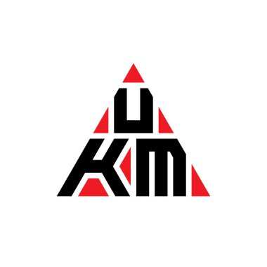 Üçgen şekilli UKM üçgen harf logosu tasarımı. UKM üçgen logo tasarımı monogramı. Kırmızı renkli UKM üçgen vektör logosu şablonu. UKM üçgen logosu Basit, Zarif ve Lüks Logo.