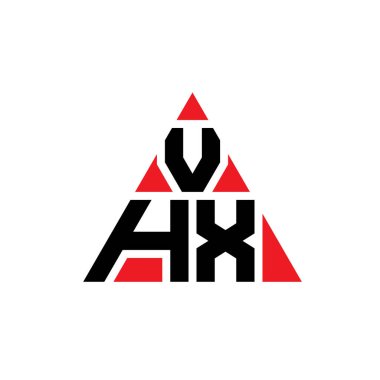Üçgen şekilli VHX üçgen harf logosu tasarımı. VHX üçgen logo tasarımı monogramı. Kırmızı renkli VHX üçgen vektör şablonu. VHX üçgen logosu Basit, Zarif ve Lüks Logo.