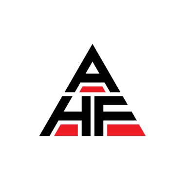 Üçgen şekilli AHF üçgen harf logosu tasarımı. AHF üçgen logo tasarımı monogramı. Kırmızı renkli AHF üçgen vektör şablonu. AHF üçgen logosu Basit, Zarif ve Lüks Logo.