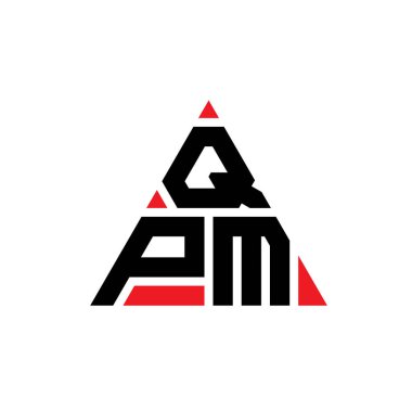 Üçgen şekilli QPM üçgen harf logosu tasarımı. QPM üçgen logo tasarımı monogramı. Kırmızı renkli QPM üçgen vektör logo şablonu. QPM üçgen logosu Basit, Zarif ve Lüks Logo.