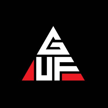 Üçgen şekilli GUF üçgen harf logosu tasarımı. GUF üçgen logo tasarımı monogramı. Kırmızı renkli GUF üçgen vektör logo şablonu. GUF üçgen logosu Basit, Zarif ve Lüks Logo.
