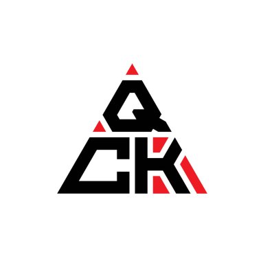 Üçgen şekilli QCK üçgen harf logosu tasarımı. QCK üçgen logo tasarımı monogramı. Kırmızı renkli QCK üçgen vektör logo şablonu. QCK üçgen logosu Basit, Zarif ve Lüks Logo.