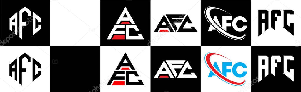 AFC letter logo design in six style. AFC polygon, circle, triangle, hexagon, flat and simple style with black and white color variation letter logo set in one artboard. AFC minimalist and classic logo