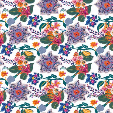 Desen sanat tasarımı. Yapraklı çiçek desenli çiçek buketleri çiçek kompozisyonları. Çiçek deseni