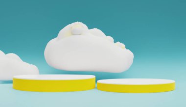 Yumuşak pembe bulutlarla dolu rüya gibi bir gökyüzüne karşı kurulmuş canlı, sarı dairesel bir sahne içeren sürreal bir görüntü. Kompozisyon tuhaf ve davetkar bir atmosfer yaratıyor..