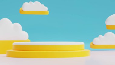 Yumuşak pembe bulutlarla dolu rüya gibi bir gökyüzüne karşı kurulmuş canlı, sarı dairesel bir sahne içeren sürreal bir görüntü. Kompozisyon tuhaf ve davetkar bir atmosfer yaratıyor..