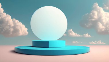 Yumuşak, tüylü beyaz bulutlarla dolu rüya gibi bir gökyüzüne karşı kurulmuş canlı, mavi dairesel bir sahne. Kompozisyon sakin ve kaprisli bir atmosfer yayıyor..