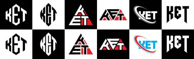 KET harfli logo tasarımı altı stilde. KET çokgeni, çember, üçgen, altıgen, düz ve basit stil, siyah ve beyaz renk varyasyon harfi logosu bir sanat tahtasında. KET minimalist ve klasik logo