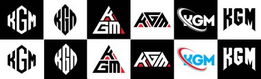 KGM harf logosu tasarımı altı stilde. KGM çokgeni, çember, üçgen, altıgen, düz ve basit stil, siyah ve beyaz renk varyasyon harfi logosu bir sanat tahtasında. KGM minimalist ve klasik logo