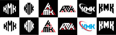 KMK letter logo design in six style. KMK polygon, circle, triangle, hexagon, flat and simple style with black and white color variation letter logo set in one artboard. KMK minimalist and classic logo clipart