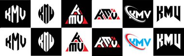 KMV letter logo design in six style. KMV polygon, circle, triangle, hexagon, flat and simple style with black and white color variation letter logo set in one artboard. KMV minimalist and classic logo clipart